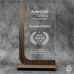 Custom wooden and acrylic trophy for Jacqueline Prinsloo, featuring a 'Silver Achiever Club' title from Rawson Property Group.