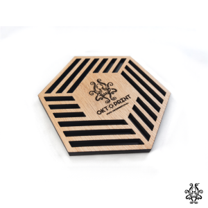 Corporate Coaster 3D Illusion – Laser Engraved Wooden Hexagonal Coaster with Octopus Design and Black Inserts.
