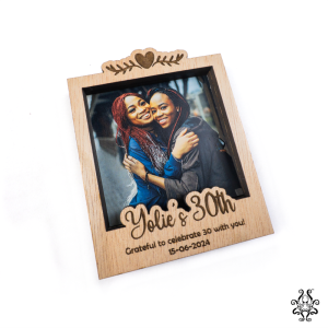 Front view of Magnetic Polaroid Frame, handcrafted gift with a photo displayed on a white surface.