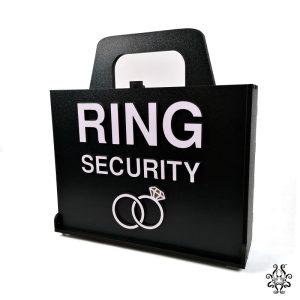Black Wedding Ring Security Suitcase with white lettering and ring graphic.