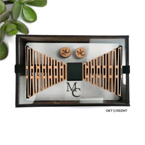 Wooden Bow Tie with Leather and Cufflinks